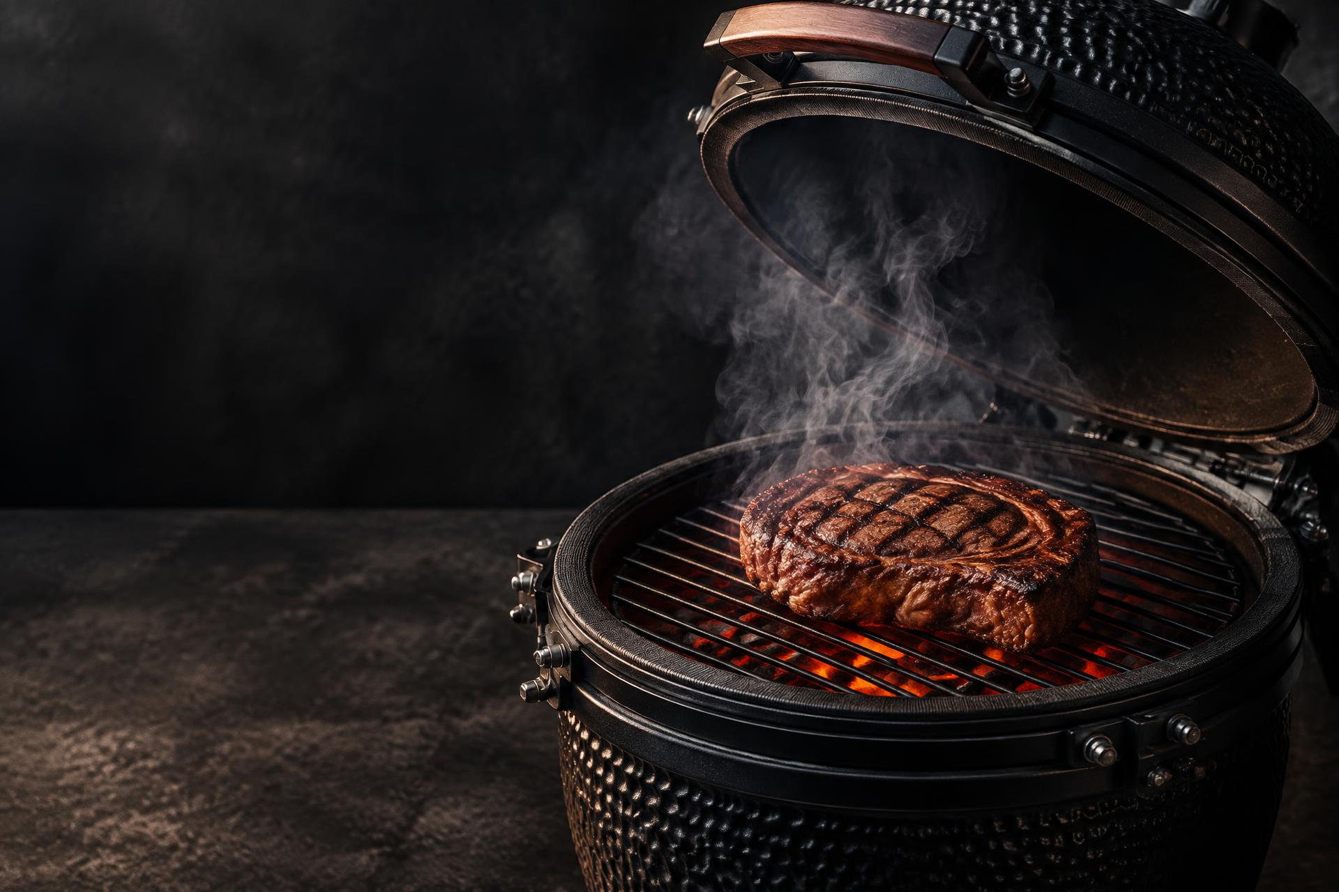 Kamado met gegrilde steak en gloeiende houtskool