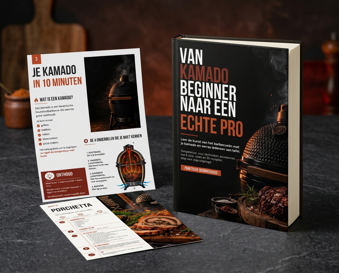 Fotorealistische weergave van het gebonden boek met echte pagina’s uit de gids